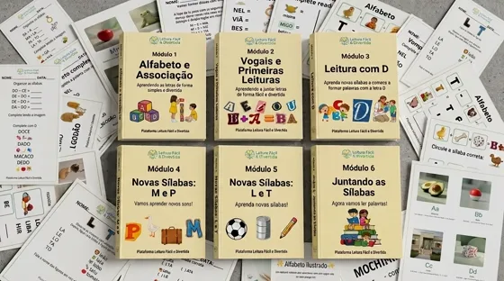 Todos os materiais do kit: 7 módulos e bônus cercados por páginas de atividades para imprimir