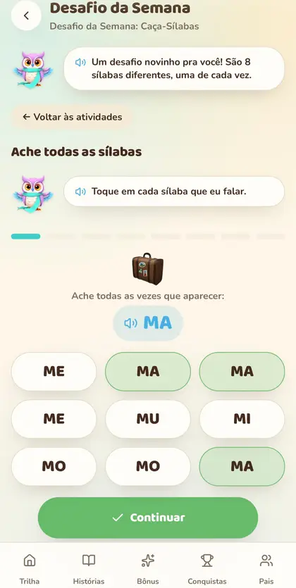 Desafio da Semana Caça-Sílabas na plataforma, visto no tablet