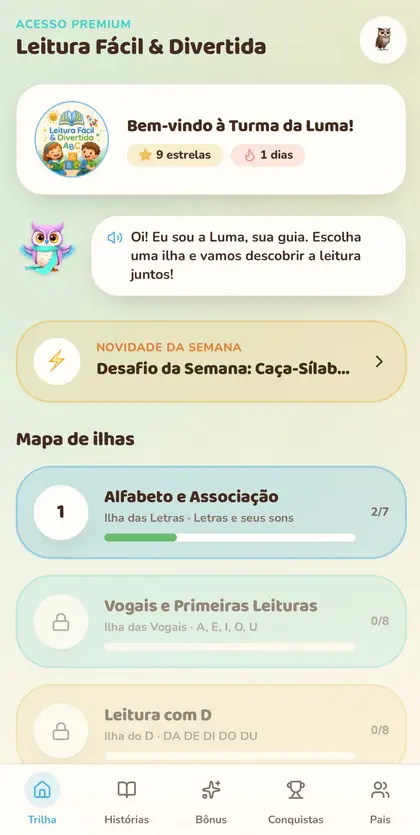 Mapa de ilhas da Trilha da Leitura na plataforma, visto no celular