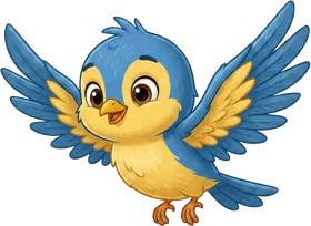 Passarinho azul e amarelo da Turma da Luma pousado no canto superior direito