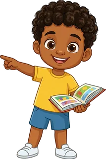 Léo segurando um livro e apontando para a plataforma